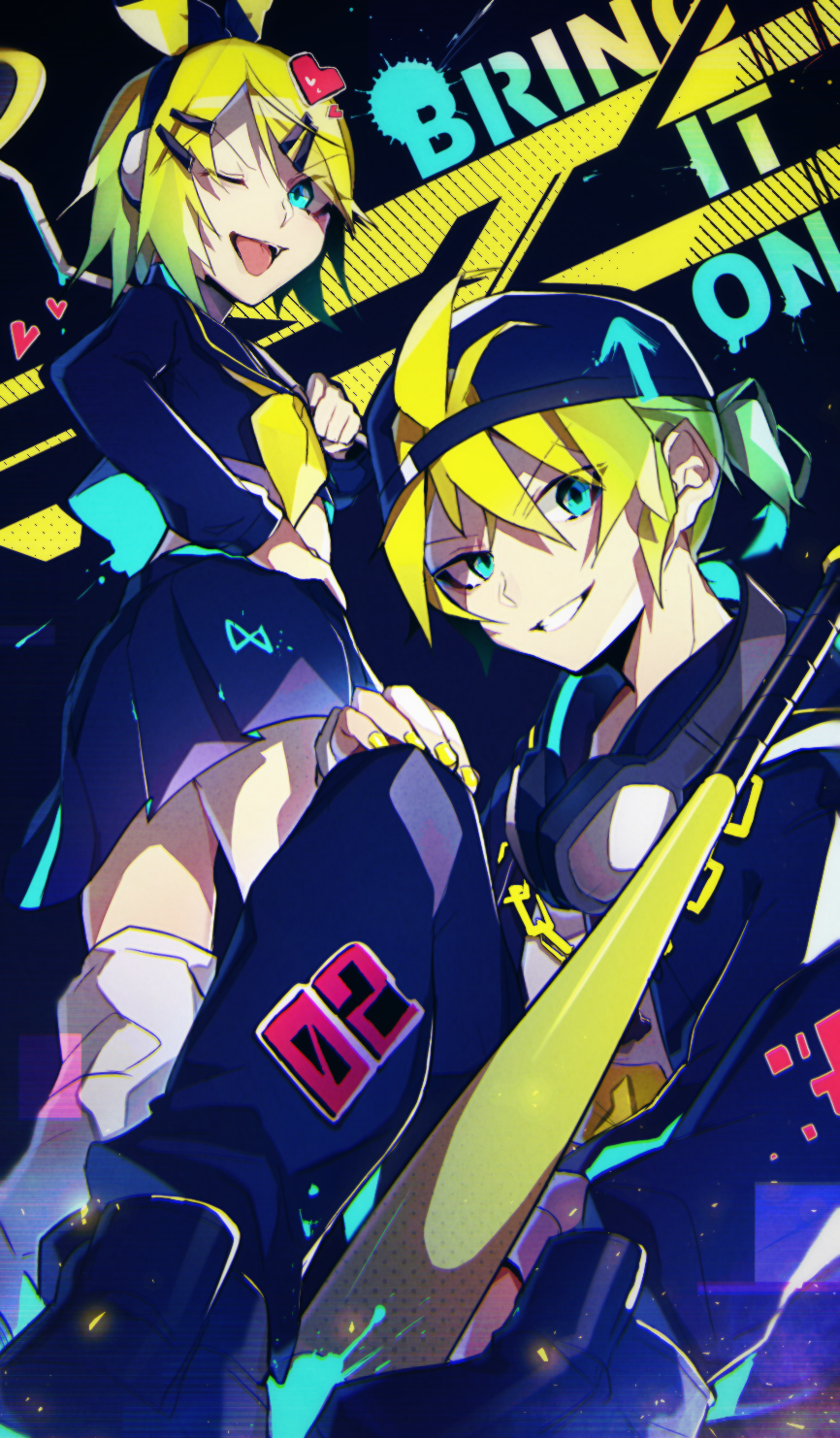 1boy 1girl bangs baseball_bat baseball_cap black_pants black_shirt black_skirt blonde_hair bow chain_necklace check_commentary commentary commentary_request crop_top grin hair_bow hair_ornament hand_on_hip hand_on_own_knee hat headphones headphones_around_neck heart heart_hair_ornament highres kagamine_len kagamine_rin kikori70796699 knee_up kneehighs looking_at_viewer midriff nail_polish one_eye_closed pants pleated_skirt rettou_joutou_(vocaloid) school_uniform shirt short_hair short_ponytail sitting skirt smile song_name spiky_hair standing swept_bangs tongue tongue_out v-shaped_eyebrows vocaloid yellow_nails