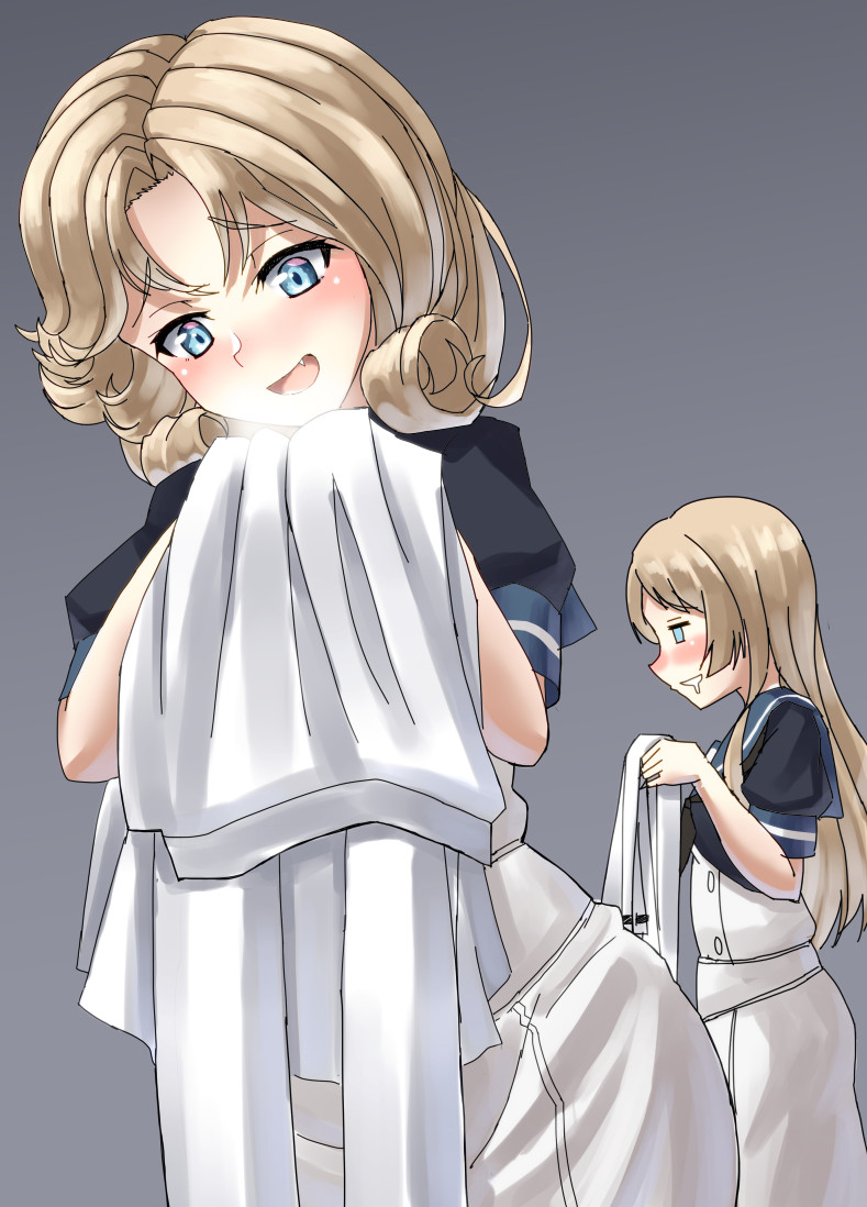 2girls bangs blonde_hair blue_eyes blue_sailor_collar clothes_sniffing dress drooling fang grey_background janus_(kantai_collection) jervis_(kantai_collection) kantai_collection long_hair mayura2002 multiple_girls parted_bangs sailor_collar sailor_dress short_hair simple_background smelling white_dress