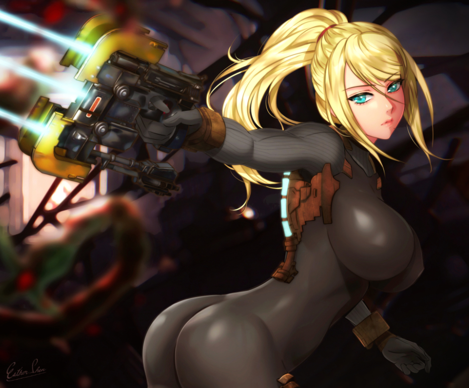 1girl aqua_eyes ass bangs black_bodysuit blonde_hair blurry blurry_background bodysuit breasts closed_mouth commentary dead_space esther eyebrows_visible_through_hair holding holding_weapon large_breasts laser_sight lips long_hair long_sleeves looking_at_viewer metroid mole mole_under_mouth plasma_cutter ponytail samus_aran shiny shiny_clothes shiny_hair signature simple_background skin_tight solo tied_hair weapon