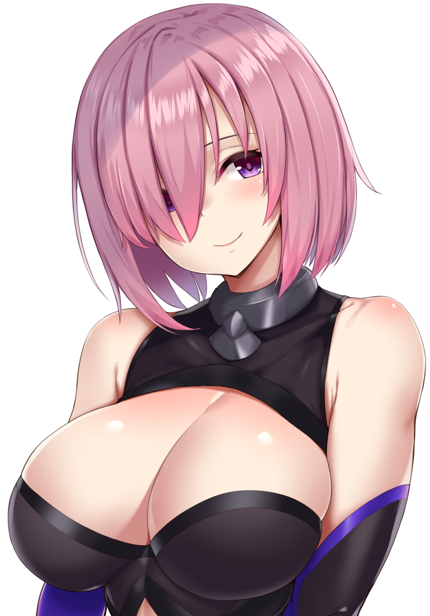 1girl blush breasts fate/grand_order fate_(series) hair_over_one_eye highres large_breasts lavender_hair looking_at_viewer mash_kyrielight mitsukazu_(nijigen_complex) short_hair simple_background solo violet_eyes white_background