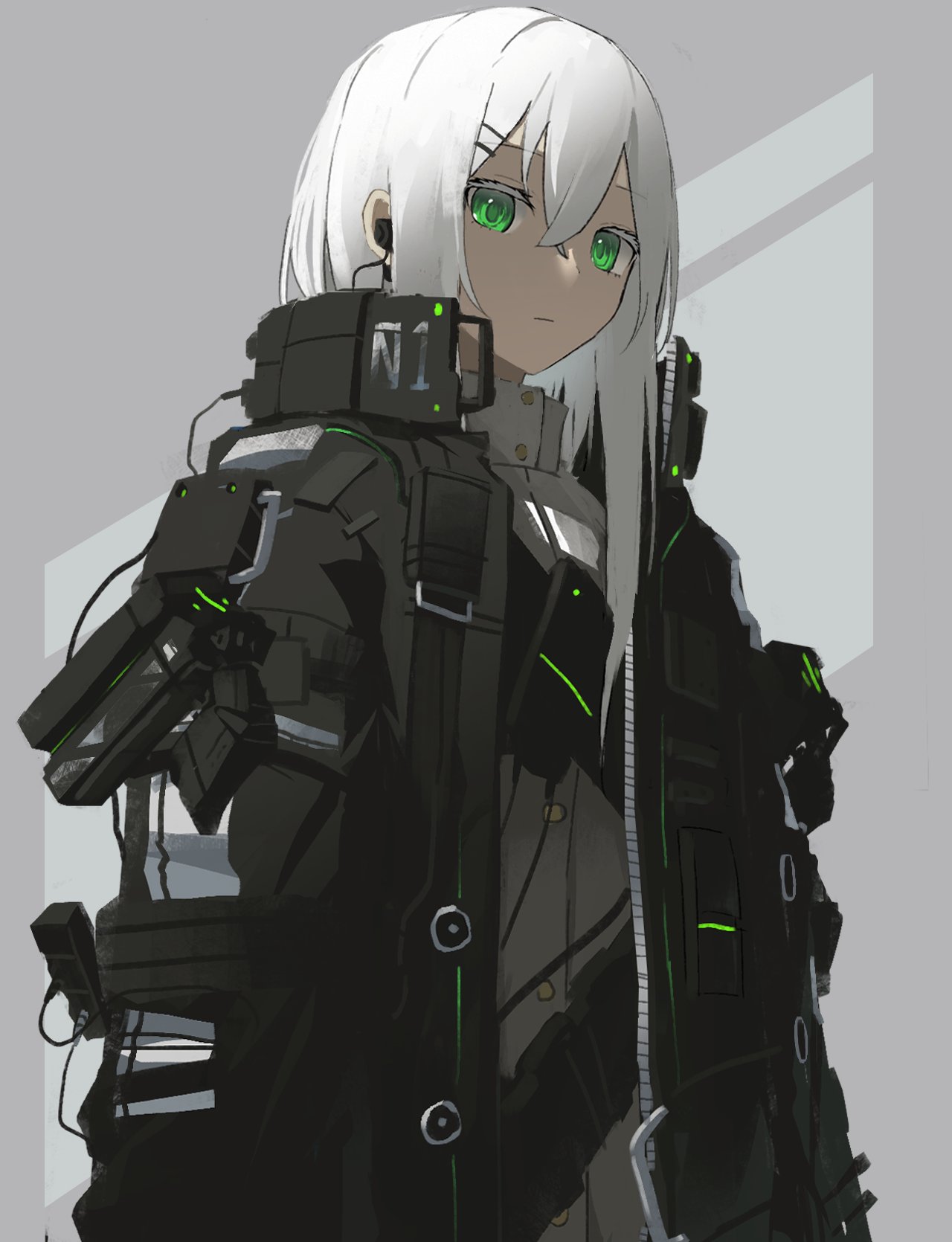asteroid_ill belt buttons clothing_request earphones green_eyes hair_between_eyes hair_ornament hairclip highres iz_(asteroid_ill) jacket long_hair neon_trim number original straight_hair white_hair wire