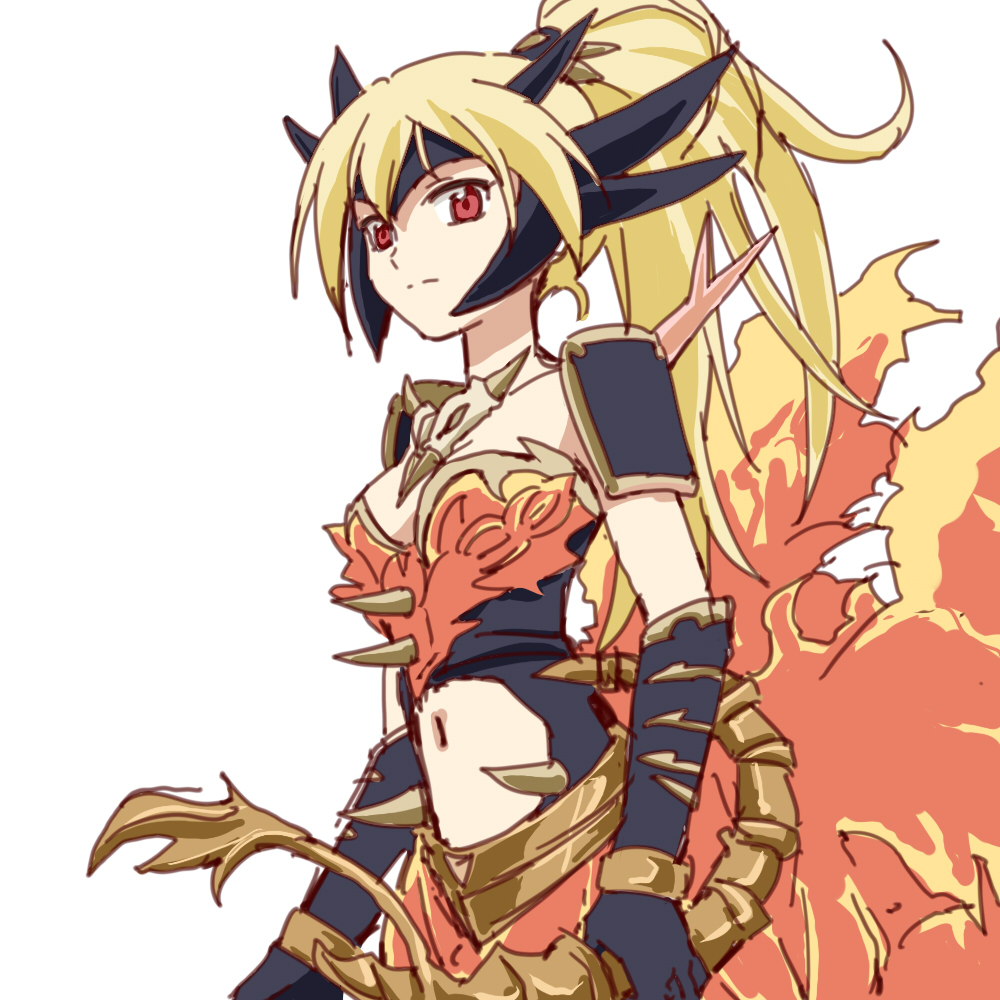 1girl armlet bangs black_gloves blonde_hair bracelet breasts centauroid closed_mouth commentary_request dragon_girl dragon_horns dragon_wings duel_monster elbow_gloves gauntlets gloves harp headgear high_ponytail holding holding_instrument horns instrument jewelry long_hair looking_at_viewer medium_breasts navel navel_cutout queen_dragun_djinn red_eyes shoulder_pads shuuho_(journey) sidelocks simple_background solo upper_body white_background wings yuu-gi-ou