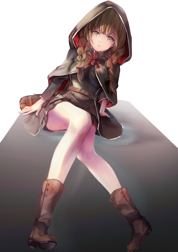 1girl belt black_capelet black_dress blush boots braid breasts brown_eyes brown_hair capelet dress eyebrows_visible_through_hair hair_ribbon hood hood_up hooded_capelet kantai_collection large_breasts long_hair long_sleeves red_ribbon ribbon sayuumigi shinshuu_maru_(kantai_collection) simple_background solo thighs twin_braids