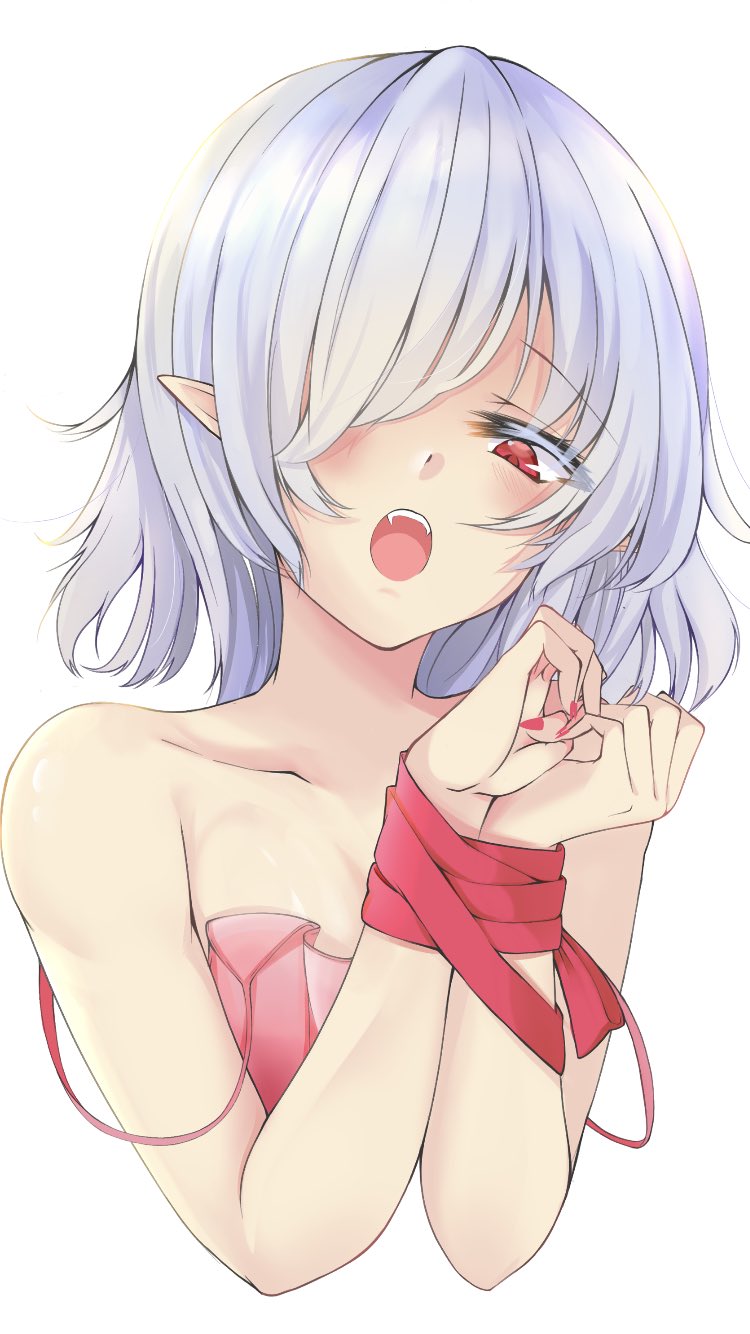 1girl bare_shoulders camisole colored_eyelashes fangs hair_over_one_eye highres lavender_hair linkun looking_at_viewer medium_hair nail_polish open_mouth pink_camisole pointy_ears red_eyes red_nails red_ribbon remilia_scarlet ribbon simple_background solo strap_slip touhou upper_body valentine white_background