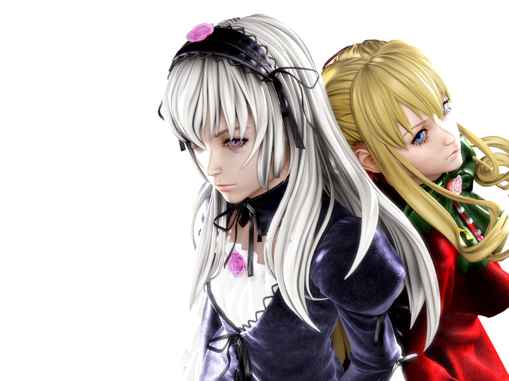 2girls 3d back-to-back blonde_hair blue_eyes bow bowtie bust choker dress drill_hair flat_chest flower gothic_lolita hairband kitsunemori lolita_fashion lolita_headband long_hair multiple_girls purple_eyes realistic ribbon rose rozen_maiden shinku silver_hair simple_background suigintou twin_drills very_long_hair wallpaper