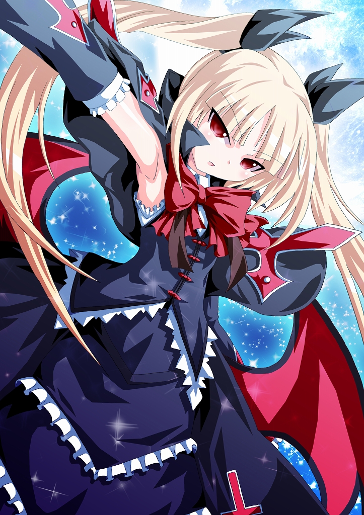 1girl blazblue blonde_hair blue_moon blush capelet detached_sleeves dress frills gothic_lolita hair_ribbon kagerou_(kers) lolita_fashion long_hair moon rachel_alucard red_eyes ribbon solo star star_(sky) twintails