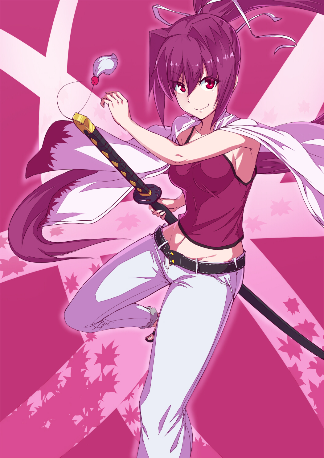 1girl breasts cape highres long_hair midriff navel nodachi ponytail purinnssu purple_hair red_eyes ribbon solo tank_top unbuttoned under_night_in-birth very_long_hair weapon yuzuriha_(under_night_in-birth)
