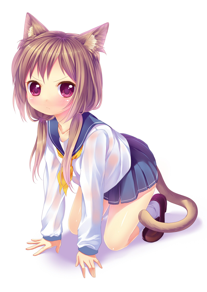 bad_id blush brown_hair caidychen kneeling long_hair namori nekomimi original pink_eyes school_uniform see_through seifuku skirt solo tail