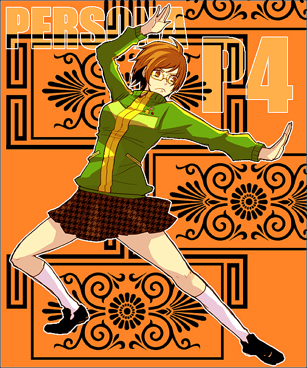 brown_eyes brown_hair fighting_stance glasses houndstooth kung_fu martial_arts persona persona_4 satonaka_chie short_hair skirt socks sudachips sweater track_jacket