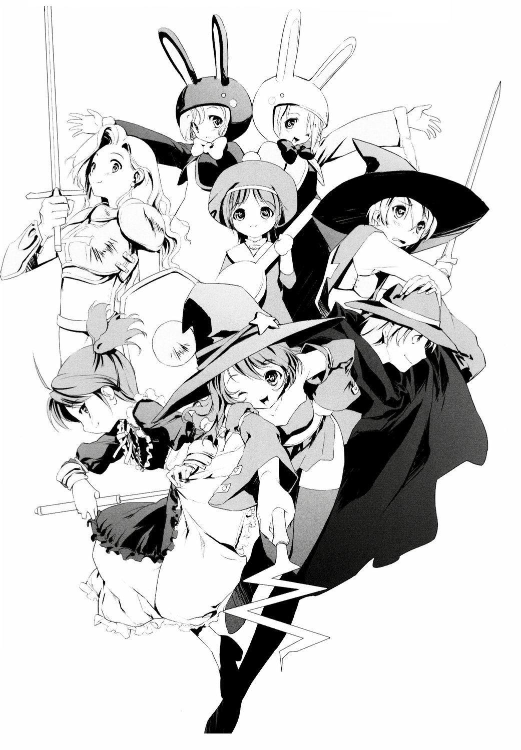 animal_ears armor bent_over bow bowtie bunny_costume bunny_ears character_request child cloak crop_top dress everyone hand_on_hip hat highres long_hair mabinogi midriff monochrome outstretched_arm short_twintails siblings skirt smile sword thighhighs twins twintails weapon wink witch_hat zettai_ryouiki