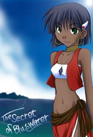 bandeau_bikini bare_shoulders black_hair dark_skin earrings full_bloom fushigi_no_umi_no_nadia green_eyes jewelry loincloth lowres midriff nadia neck_ring necklace ocean short_hair tubetop vest