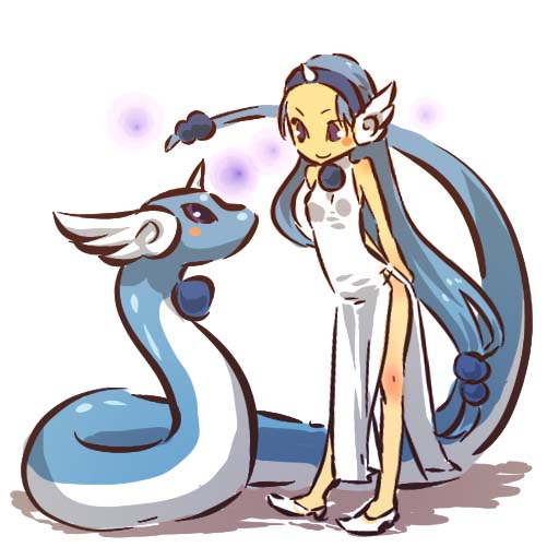 1girl blue_hair blush_stickers china_dress chinese_clothes dragon dragonair dress hairband head_wings hitec horn horns long_hair moemon personification pokemon pokemon_(creature) pokemon_(game) pokemon_rgby shadow simple_background standing very_long_hair