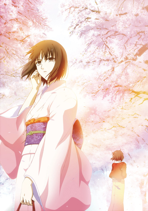 cherry_blossoms irisless_eyes japanese_clothes kara_no_kyoukai kimono ryougi_shiki short_hair tree trees type-moon