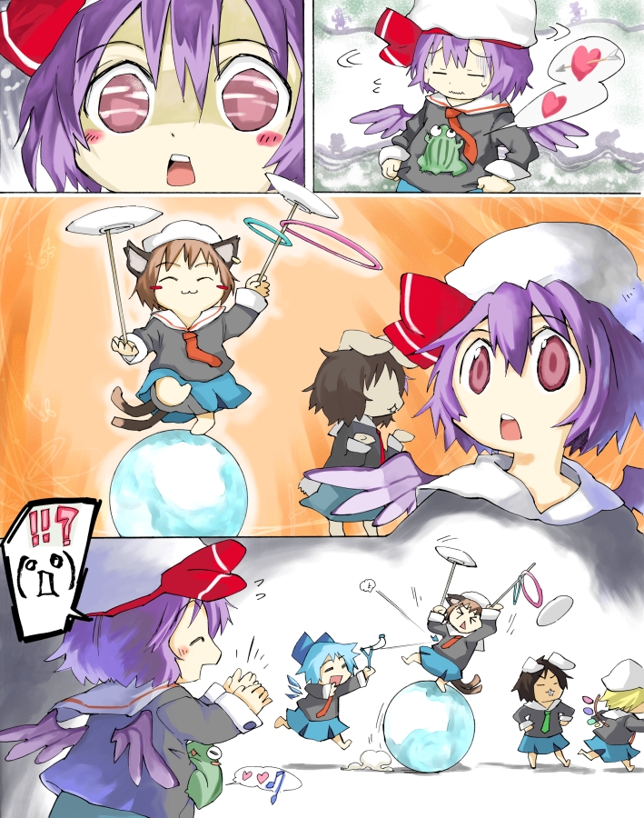 age_regression animal_ears asaki ball bunny_ears cat_ears cat_tail chen child cirno exercise_ball flandre_scarlet frog hat inaba_tewi kindergarten plate_spinning rabbit_ears remilia_scarlet ribbon ribbons short_hair slingshot tail touhou wings