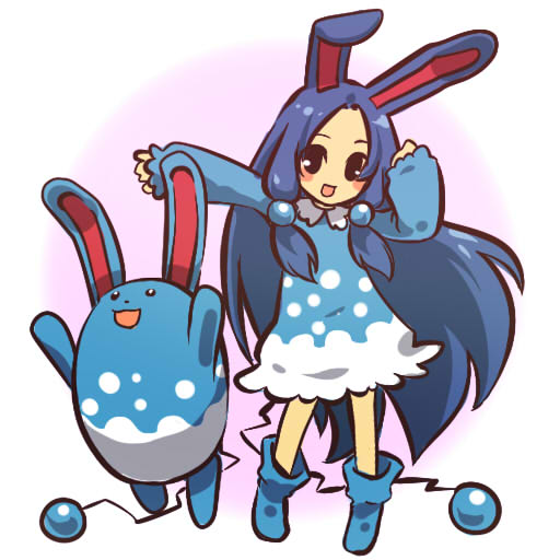 1girl animal_ears azumarill blue_hair blush_stickers bunny_ears hitec long_hair moemon open_mouth personification pokemon pokemon_(creature) pokemon_(game) pokemon_gsc simple_background smile standing tail