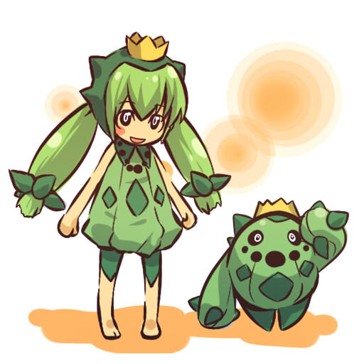 1girl barefoot black_sclera blush_stickers cacnea child costume crown green_hair hat hitec moemon open_mouth personification pokemon pokemon_(creature) pokemon_(game) pokemon_rse salute shadow simple_background sleeveless smile standing twintails