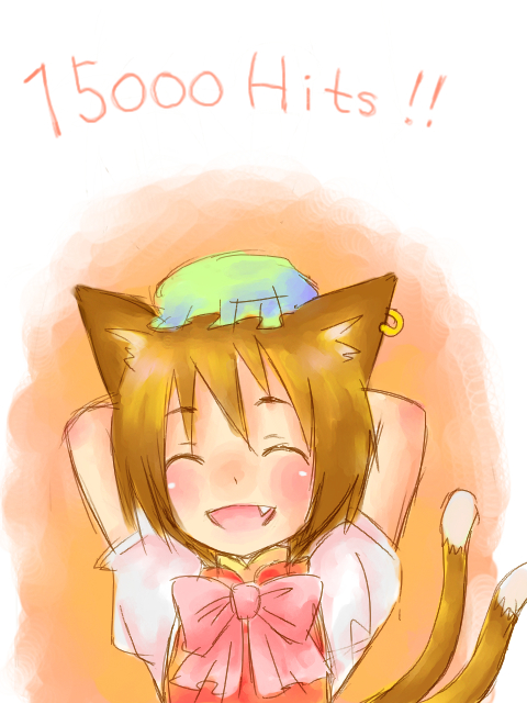 animal_ears brown_hair cat_ears cat_tail chen closed_eyes earrings fang hat hits jewelry multiple_tails short_hair solo tail takanashi_minato touhou