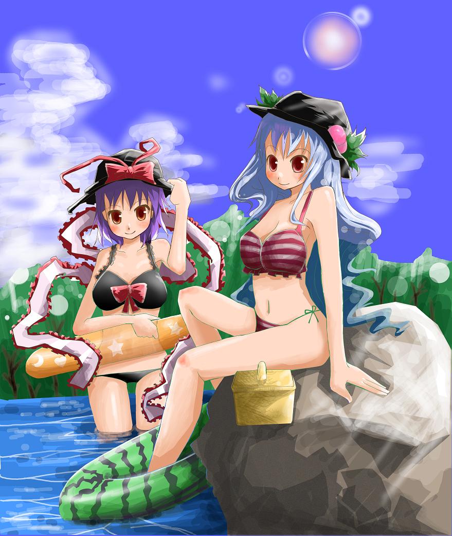 arano_oki bikini blue_hair breasts cleavage food fruit hat hinanawi_tenshi multiple_girls nagae_iku peach peaches purple_hair ribbon ribbons saba_miso short_hair swimsuit touhou