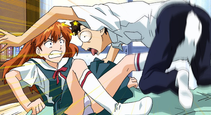 ballbusting balls groin_kick ikari_shinji kick kicking long_hair neon_genesis_evangelion panties red_hair redhead school_uniform socks souryuu_asuka_langley tamakeri underwear white_panties