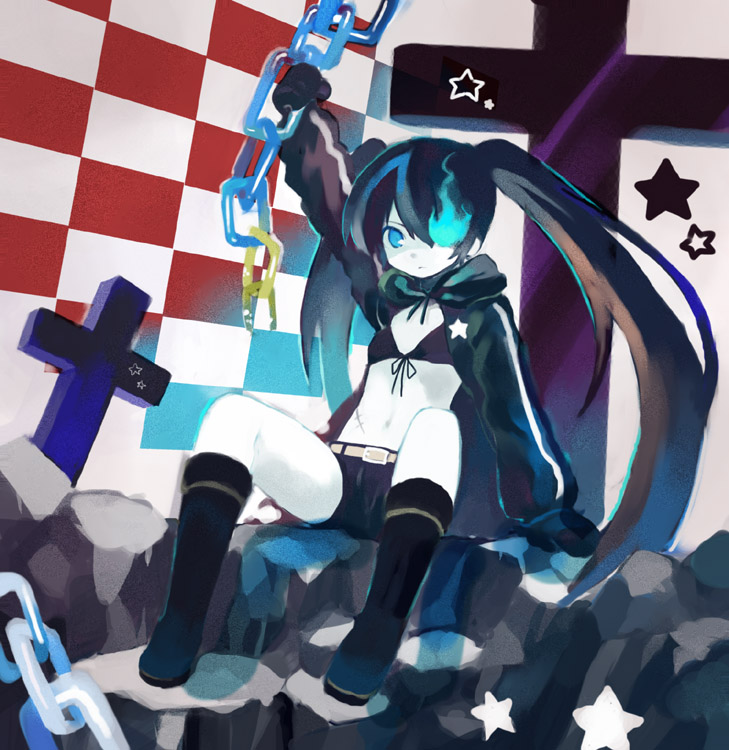 bikini bikini_top black_hair black_rock_shooter black_rock_shooter_(character) blue_eyes chain chains cross long_hair pale_skin scar shati shorts solo star stars swimsuit twintails