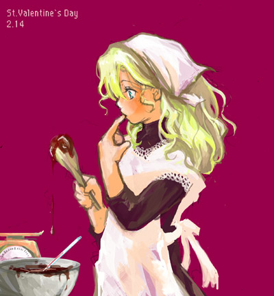 artist_request blonde_hair blue_eyes chocolate cooking final_fantasy final_fantasy_iv finger_in_mouth head_scarf lowres oekaki profile rosa_farrell simple_background solo valentine