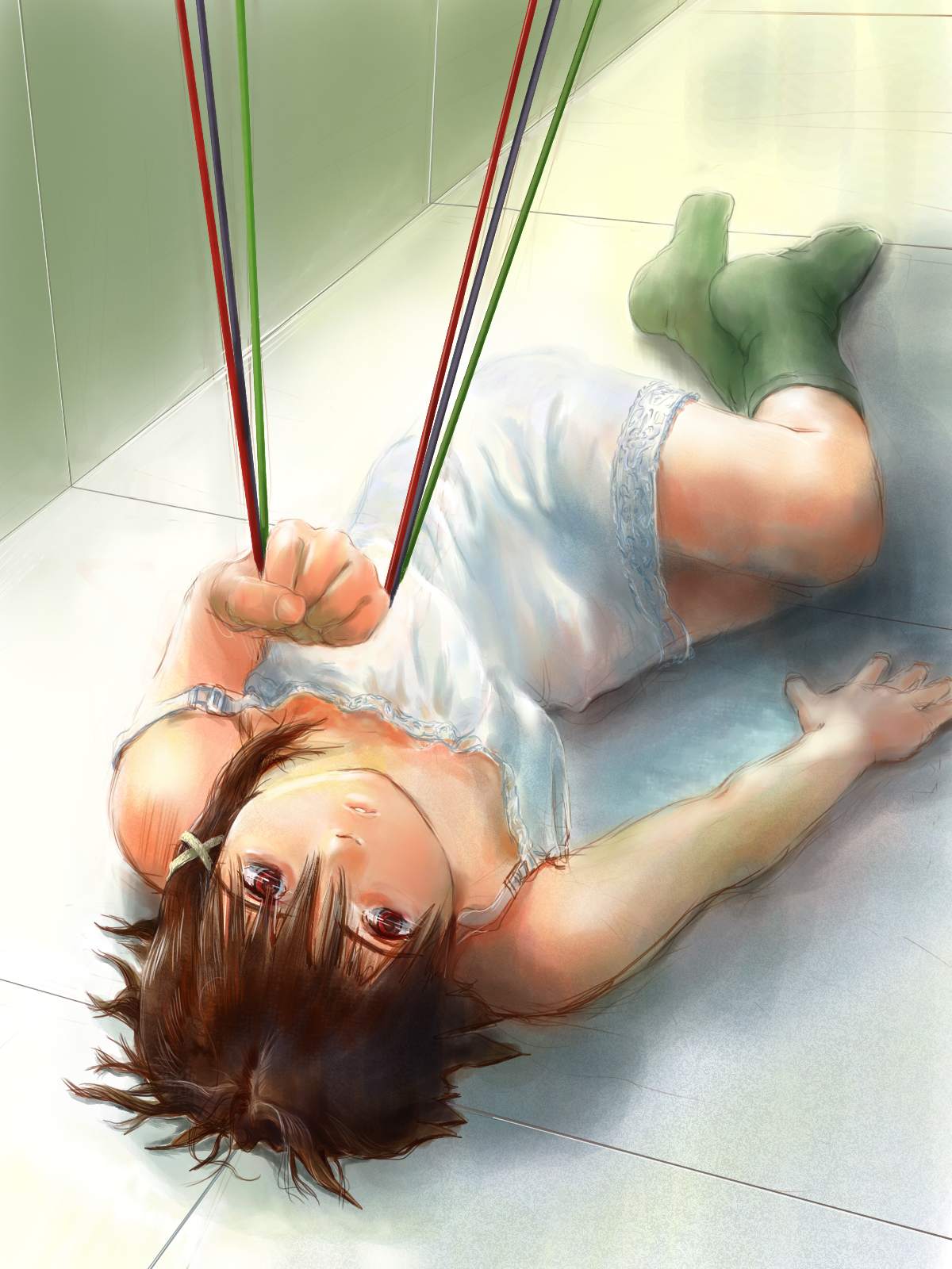 brown_eyes brown_hair cable chemise dress hair_ornament hairclip highres iwakura_lain lying messy_hair red_eyes serial_experiments_lain short_hair socks solo white_dress wires