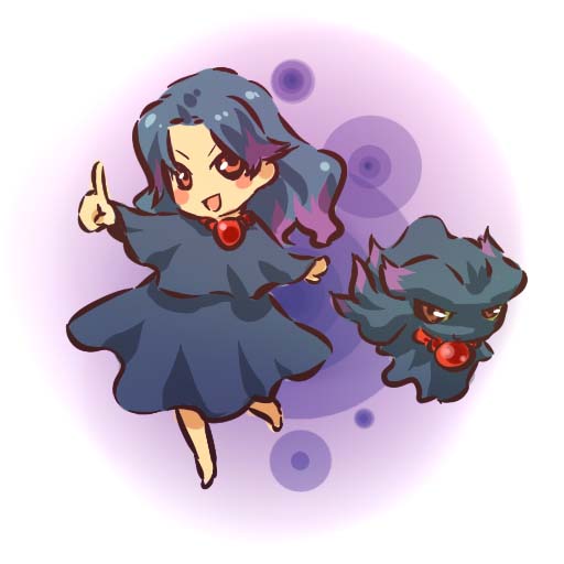 &gt;:) &gt;:d 1girl barefoot black_hair blue_hair blush_stickers brown_eyes child costume dress ghost hitec index_finger_raised misdreavus moemon multicolored_hair open_mouth personification pink_eyes pokemon pokemon_(creature) pokemon_(game) pokemon_gsc purple_hair smile two-tone_hair