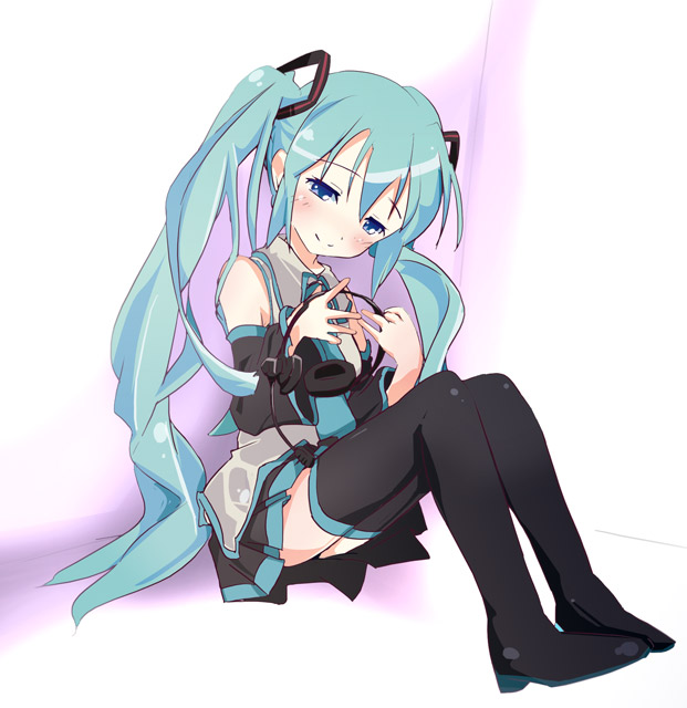 blue_hair blush detached_sleeves hatsune_miku headphones ixy long_hair sitting skirt smile thigh-highs thighhighs twintails vocaloid zettai_ryouiki