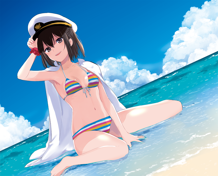 1girl armband bangs beach between_legs bikini blue_sky blush breasts brown_eyes brown_hair clouds commentary_request day front-tie_bikini front-tie_top full_body hair_between_eyes hand_between_legs hand_up hat ica jewelry kantai_collection legs looking_at_viewer military military_hat military_uniform multicolored multicolored_stripes naval_uniform navel ocean open_mouth peaked_cap ring sand sendai_(kantai_collection) shirt short_hair sitting sky small_breasts smile solo striped striped_bikini striped_swimsuit swimsuit thighs uniform wariza wedding_band white_shirt