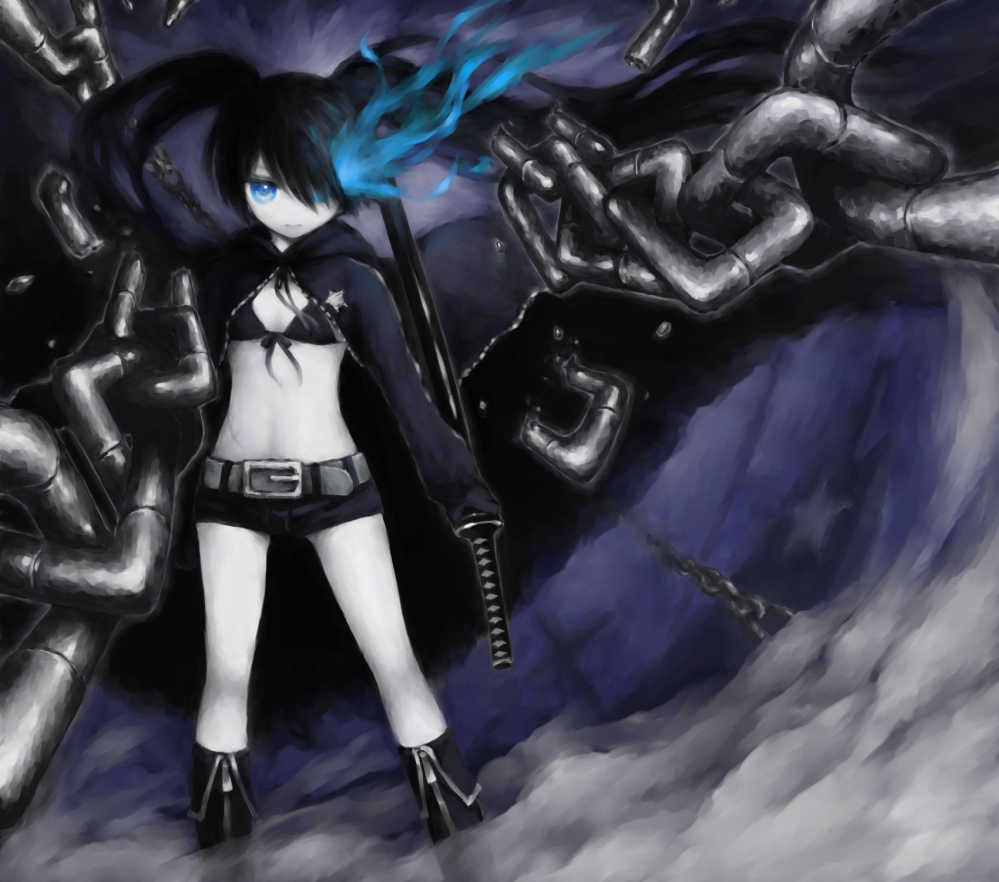 black_hair black_rock_shooter black_rock_shooter_(character) blue_eyes boots chain chains iseki_(kuroshura_no_tabiji) katana long_hair midriff navel pale_skin scar shorts solo stitches sword twintails weapon