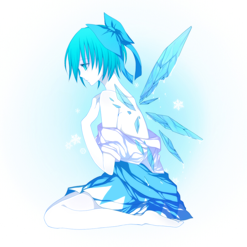 adult aqua_eyes aqua_hair bad_id barefoot blue_hair cirno harano off_shoulder profile ribbon ribbons short_hair sitting solo touhou wariza wings