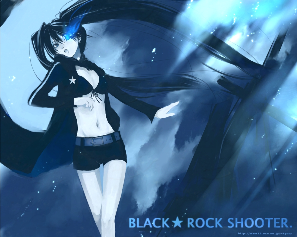 black_hair black_rock_shooter black_rock_shooter_(character) blue_eyes hatsune_miku itsuki_(artist) itsuki_(lqs) long_hair midriff shorts solo twintails vocaloid