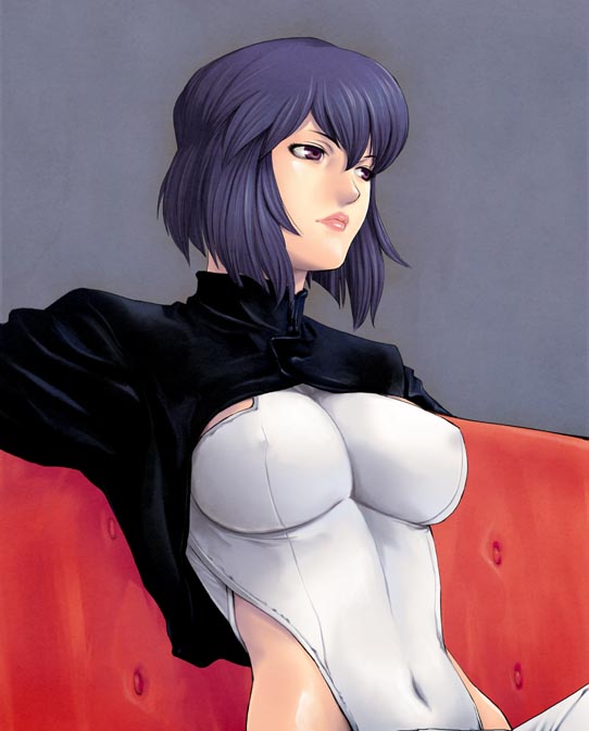 erect_nipples ghost_in_the_shell ghost_in_the_shell_stand_alone_complex jacket kusanagi_motoko lips nakano_tomokazu navel purple_eyes purple_hair short_hair skin_tight solo violet_eyes