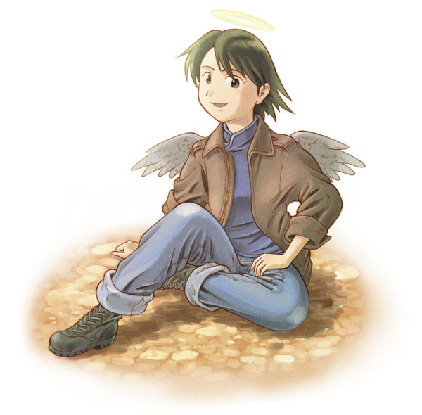 androgynous angel_wings boots brown_hair haibane_renmei halo jacket jeans kana r_kampfgruppe reverse_trap short_hair smile wings