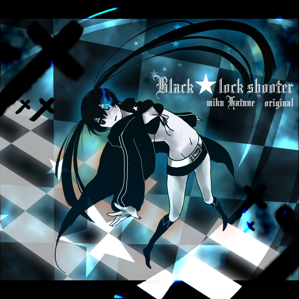 black_rock_shooter black_rock_shooter_(character) blue_eyes cross hatsune_miku long_hair megu megu_(megu-milk) midriff shorts solo twintails vocaloid