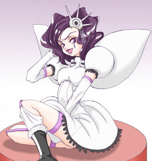 bleach boots cirucci_sanderwicci cirucci_thunderwitch dress elbow_gloves facial_mark gloves lipstick purple_eyes purple_hair purple_lipstick short_twintails sitting smile thighs twintails violet_eyes wings