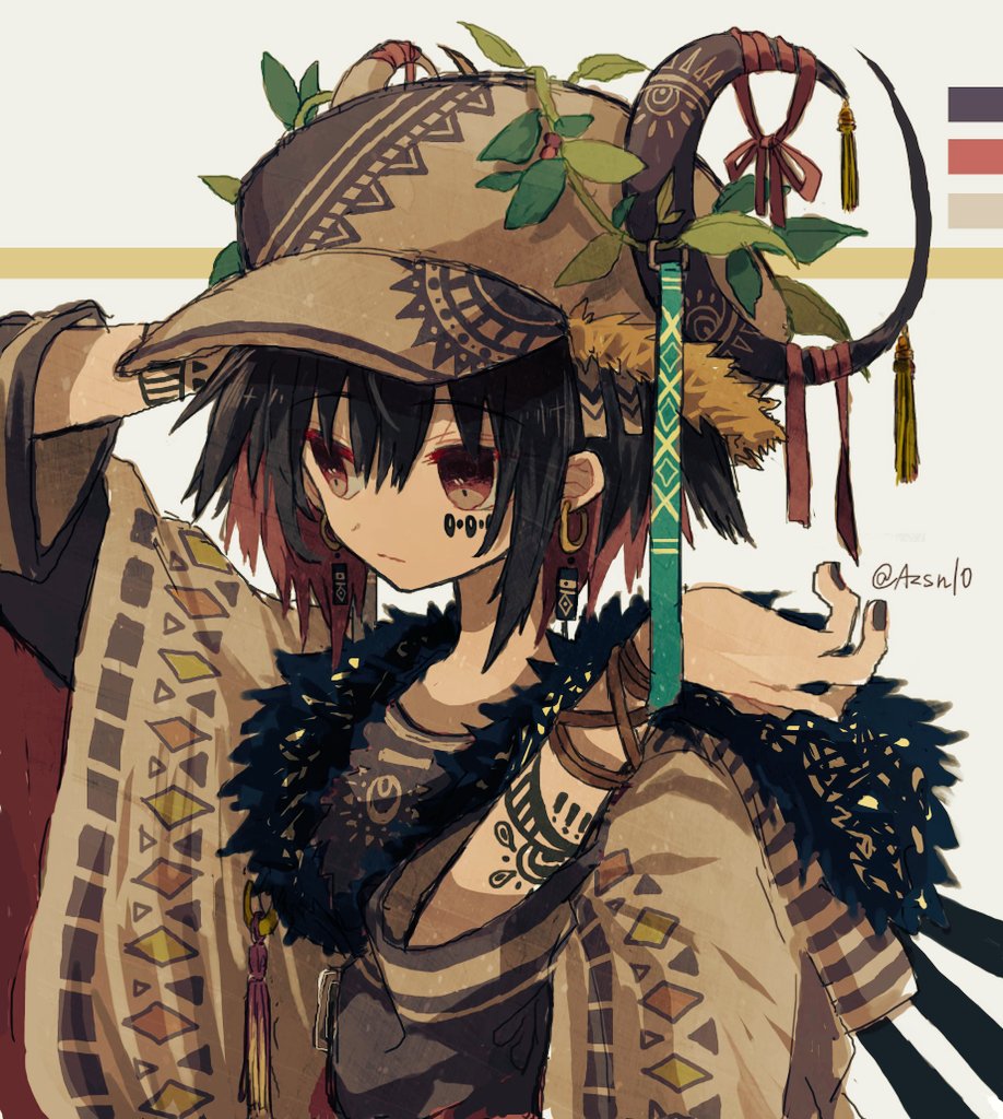 androgynous azsn10 black_hair black_nails brown_headwear cloak commentary earrings fur_trim grey_background hands_up hat horned_headwear jewelry looking_away nail_polish original plant short_hair sketch solo twitter_username upper_body vines