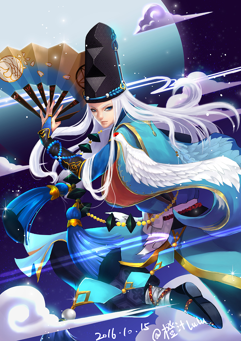 1boy abe_no_seimei_(onmyoji) arm_up beads black_footwear black_headwear blue_eyes bridal_gauntlets chen_lu closed_mouth clouds dated elbow_gloves fan feathers floating_hair full_body full_moon gloves hat holding holding_fan japanese_clothes kariginu long_hair long_sleeves looking_at_viewer male_focus midair moon night night_sky onmyoji sky solo straight_hair tassel tate_eboshi white_feathers white_hair