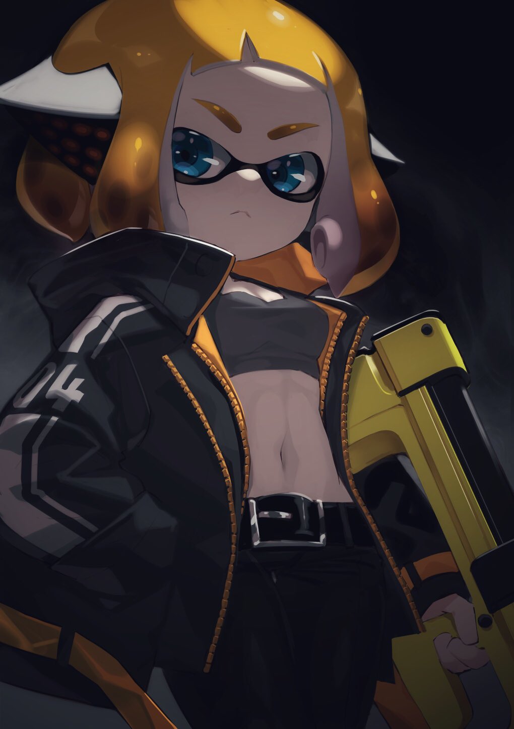 1girl bangs belt black_background black_belt black_jacket black_pants black_sports_bra blue_eyes blunt_bangs closed_mouth commentary domino_mask frown hand_in_pocket headgear hero_shot_(splatoon_2) highres holding holding_weapon inkling jacket long_sleeves looking_at_viewer mask navel nomu open_clothes open_jacket orange_hair pants short_hair solo splatoon_(series) splatoon_2 squidbeak_splatoon standing tentacle_hair weapon