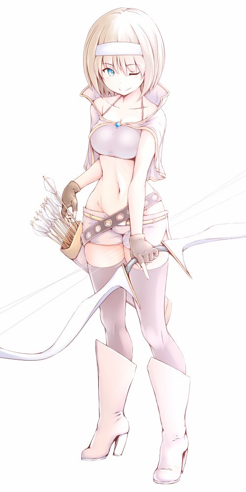 1girl ;) arrow belt black_gloves black_legwear blue_eyes boots bow_(weapon) capelet commentary_request crop_top fingerless_gloves full_body gloves hairband high_heel_boots high_heels holding holding_arrow holding_bow_(weapon) holding_weapon knee_boots looking_at_viewer micro_shorts one_eye_closed original quiver sasaki_akira_(ugc) shirt shorts silver_hair simple_background smile solo standing thigh-highs weapon white_background white_belt white_capelet white_footwear white_hairband white_shirt white_shorts