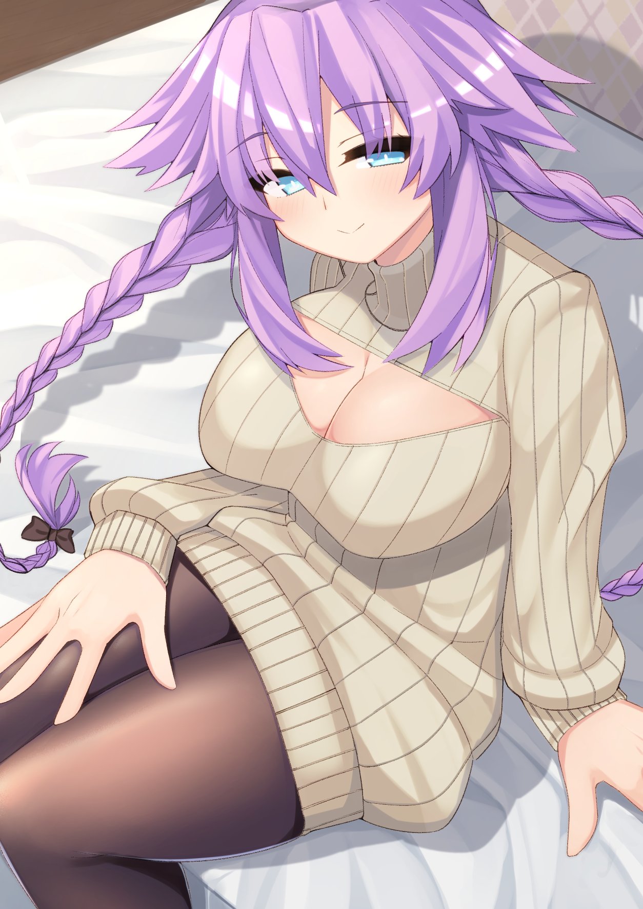 1girl black_legwear blue_eyes braid breasts cleavage_cutout dura highres large_breasts long_hair looking_at_viewer neptune_(series) pantyhose power_symbol purple_hair purple_heart ribbed_sweater sitting smile solo sweater symbol-shaped_pupils twin_braids very_long_hair