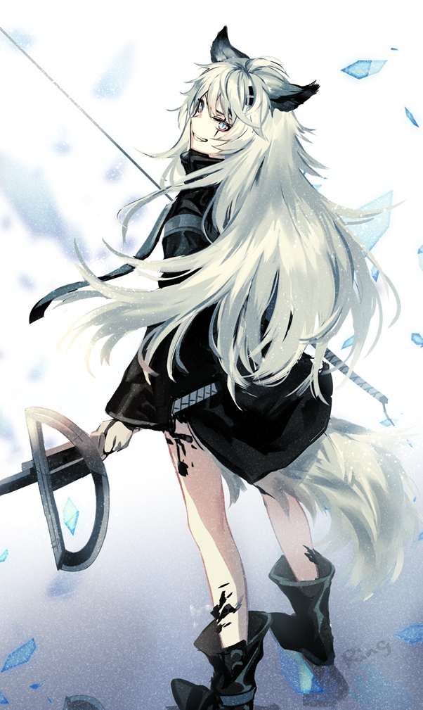 1girl aki663 animal_ears arknights artist_name bangs boots dual_wielding eyebrows_behind_hair facial_scar floating_rock from_behind full_body grey_eyes grey_hair grin holding jacket katana lappland_(arknights) long_hair long_sleeves looking_at_viewer looking_back scar slit_pupils smile solo standing sundial sword tail weapon wind wolf_ears wolf_girl wolf_tail