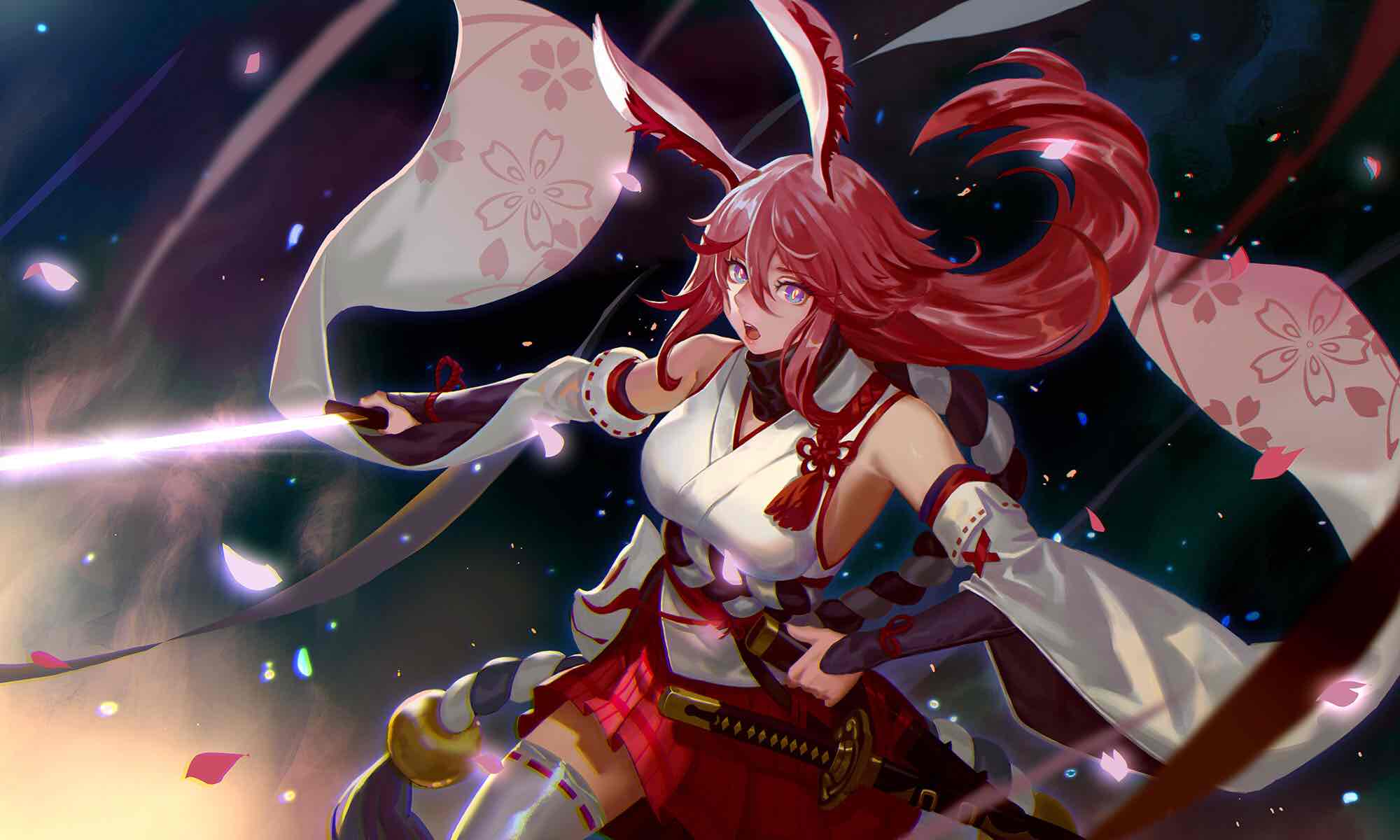 1girl animal_ears breasts detached_sleeves highres honkai_(series) honkai_impact_3rd katana long_hair medium_breasts open_mouth red_skirt redhead ribbon_trim sheath sidelocks skirt solo standing sword tachi_(weapon) thigh-highs violet_eyes weapon white_legwear yae_sakura ying_shi_de_xia_yeji