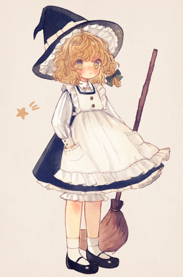 1girl apron beige_background black_dress black_footwear blonde_hair bloomers blush bow braid broom commentary_request dress full_body green_bow hair_bow hand_in_pocket hat kirisame_marisa long_sleeves mary_janes medium_hair petticoat shoes simple_background socks solo standing star touhou underwear white_legwear witch_hat yellow_eyes yujup