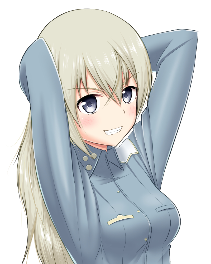 1girl :d arms_behind_head black-eyed_susan blonde_hair blush breasts eila_ilmatar_juutilainen hair_between_eyes military military_uniform open_mouth oryou_gunsou small_breasts smile smirk solo strike_witches uniform upper_body v-shaped_eyebrows white_background world_witches_series