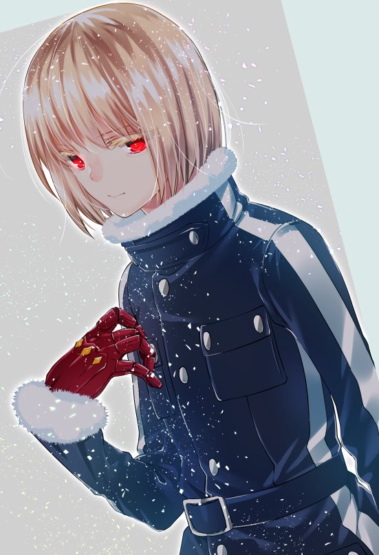 1boy akatsuki_blitzkampf blonde_hair coat en-eins en-eins_kanzen_sekai fur_trim gloves ishitsuki_merokoa long_coat looking_at_viewer male_focus medium_hair red_eyes short_hair snow solo uniform winter_clothes winter_coat