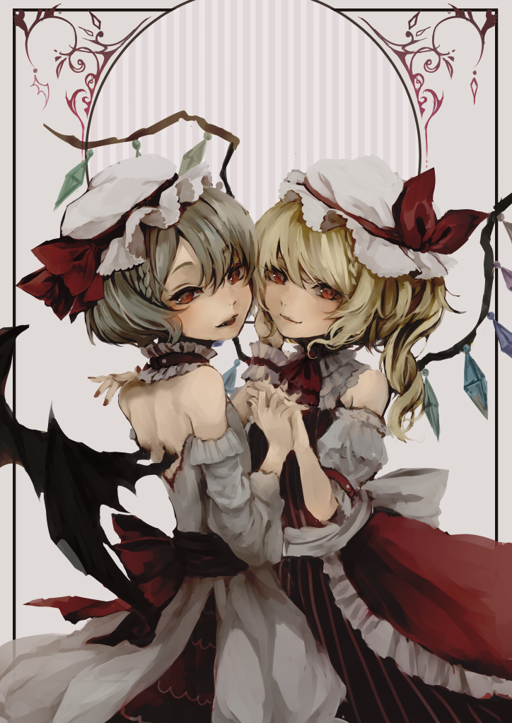 2girls ascot bare_shoulders bat_wings blonde_hair bow collar crystal dress eyebrows_visible_through_hair fang flandre_scarlet frilled_collar frilled_dress frilled_hat frilled_shirt_collar frills gensou_aporo grey_hair hand_on_hand hat hat_ribbon medium_hair mob_cap multiple_girls nail_polish one_side_up red_bow red_dress red_eyes red_neckwear red_ribbon remilia_scarlet ribbon sash short_hair siblings side_ponytail sisters touhou white_dress white_ribbon wings wrist_cuffs yuri