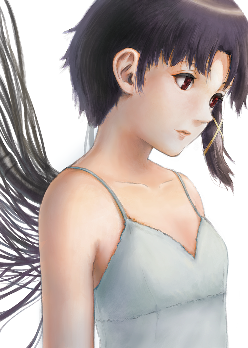 1girl asymmetrical_hair brown_eyes brown_hair dress hair_ornament hairclip iwakura_lain nuwara_eliya serial_experiments_lain short_hair sleeveless solo white_dress