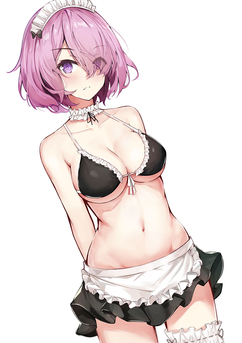 1girl alternate_costume apron arms_behind_back bangs bare_arms bare_shoulders bikini bikini_skirt black_bikini blush breasts collarbone commentary_request eyebrows_visible_through_hair eyes_visible_through_hair fate/grand_order fate_(series) frown hair_over_one_eye kinyoubi_no_nangong_da lavender_hair looking_at_viewer maid_bikini mash_kyrielight navel short_hair simple_background solo swimsuit thigh_strap violet_eyes white_apron white_background