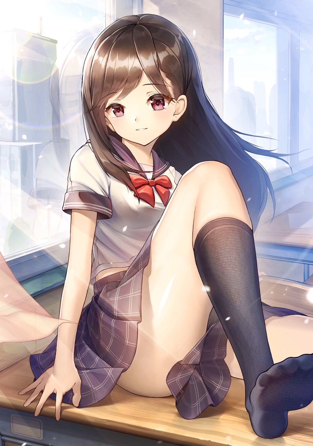 1girl bangs black_legwear bloom blush bow bowtie breasts brown_hair building cityscape classroom curtains desk eyebrows_visible_through_hair feet gurin_(midorimuchi) highres indoors knee_up kneehighs lens_flare light_particles long_hair looking_at_viewer midriff_peek no_shoes on_desk original parted_lips plaid plaid_skirt pleated_skirt reflection sailor_collar school school_desk school_uniform serafuku shiny shiny_skin short_sleeves sitting skirt small_breasts smile soles solo sunlight violet_eyes window